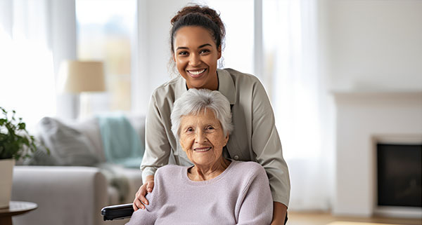 a female carer posing with an elderly lady in her home